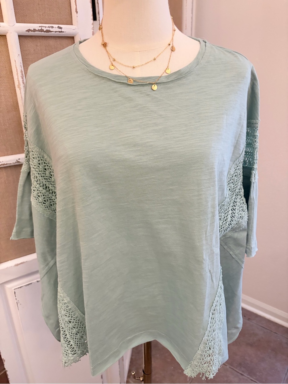 Umgee NWT Sage Green Crochet Lace Dolman Sleeve Oversized Boho Top Small